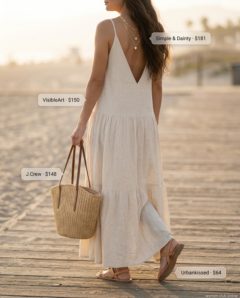 Coastal breeze maxi dress outfit 2026: Sky blue linen maxi dress with tiered skirt, straw tote, and layered gold necklaces.
