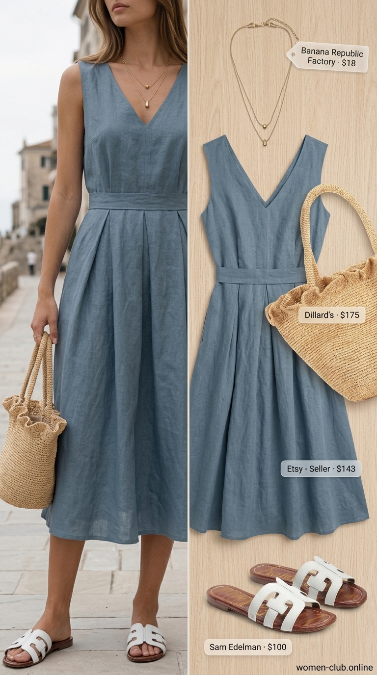 Coastal linen midi dress outfit 2026: Light blue linen dress with tie waist, raffia tote, and layered gold necklaces.