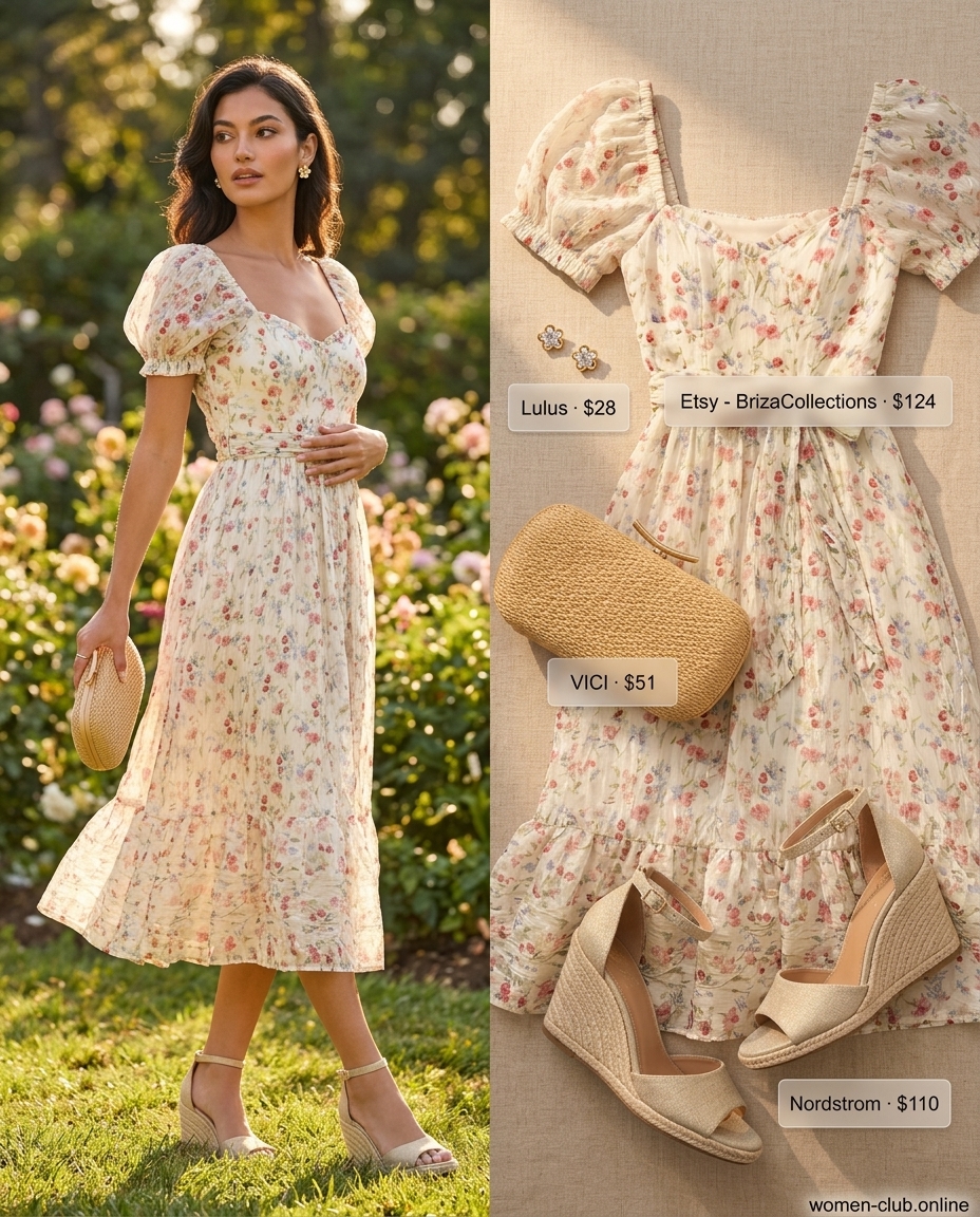 Garden party midi dress outfit 2026: Pastel floral print dress with puff sleeves, espadrilles, and straw clutch.