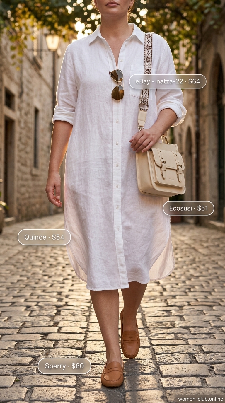 Effortless white linen belted shirt dress for women 2026, styled with loafers and aviator sunglasses.