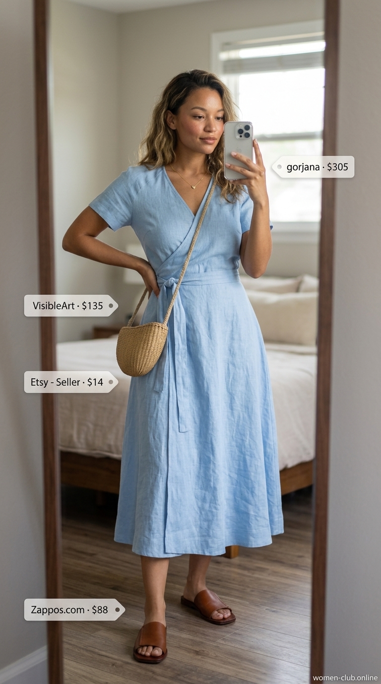 Monochrome linen wrap dress outfit 2026: Beige linen wrap dress with minimalist sandals, crossbody bag, and gold pendant.