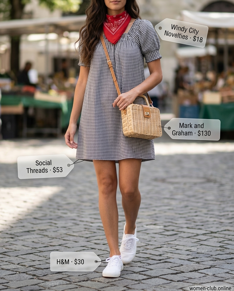 Playful black and white gingham belted mini dress for women 2026, styled with sneakers and wicker bag.