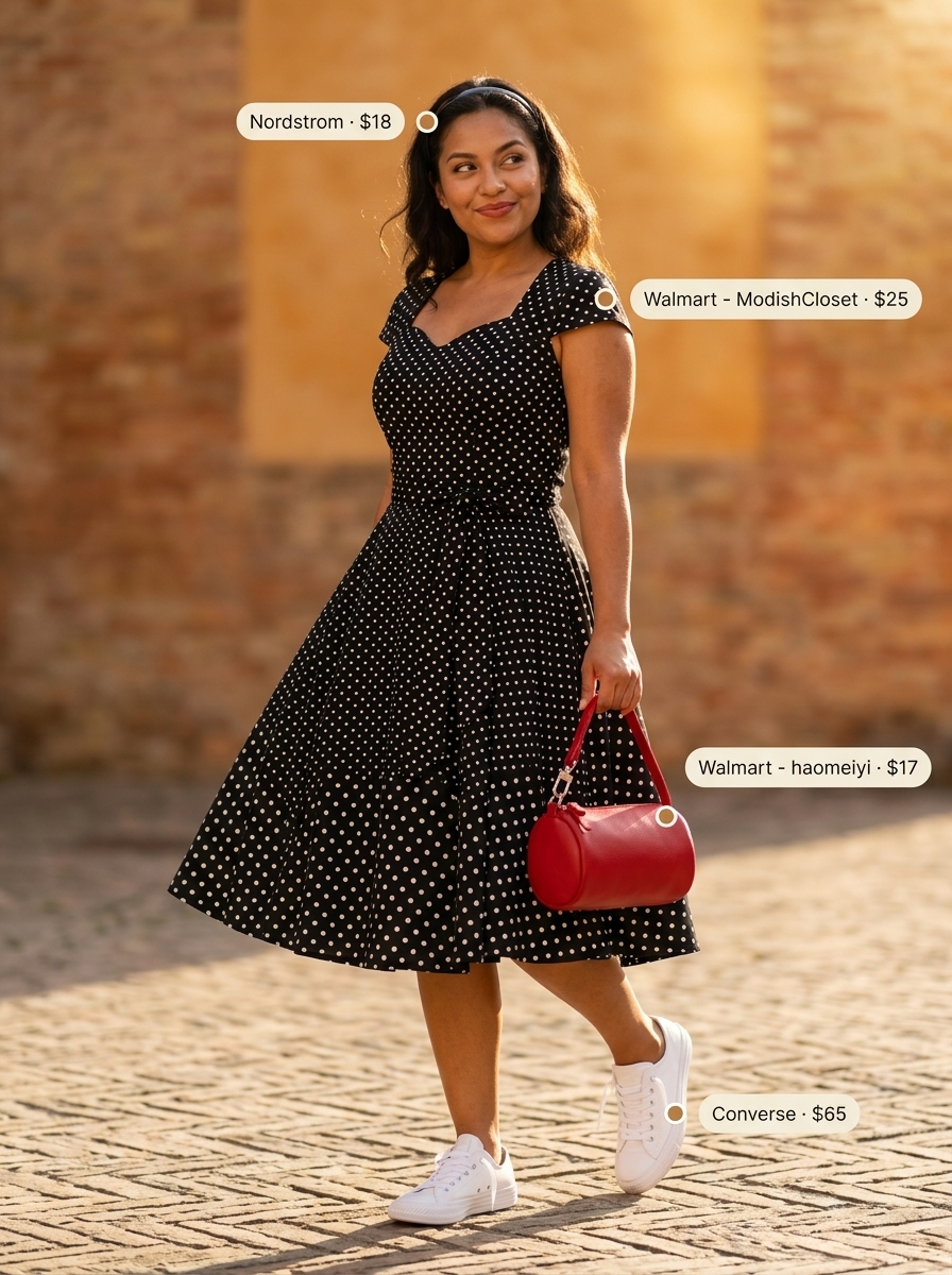 Retro black and white polka dot belted mini dress for women 2026, with red bag and white sneakers.