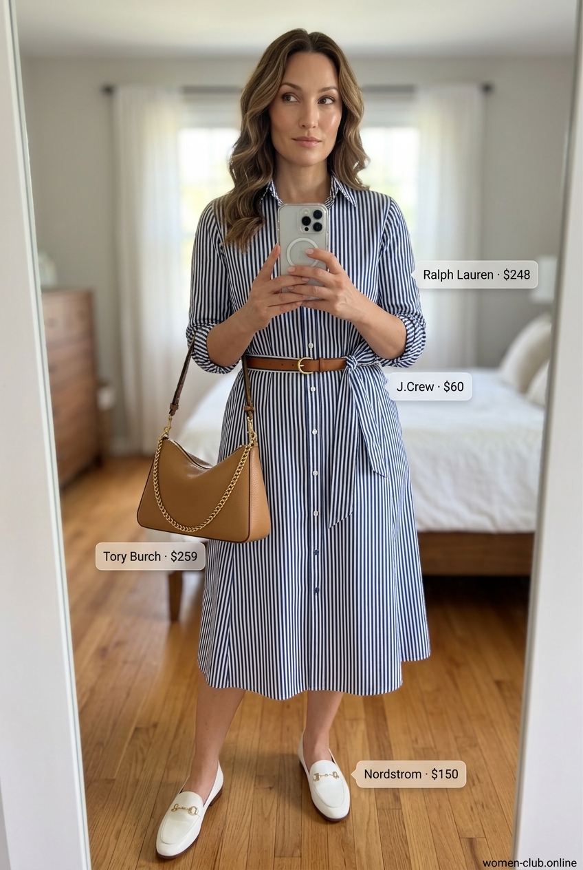 Retro belted shirt dress outfit 2026: Navy and white stripe shirt dress with self-tie belt, penny loafers, and leather bag.