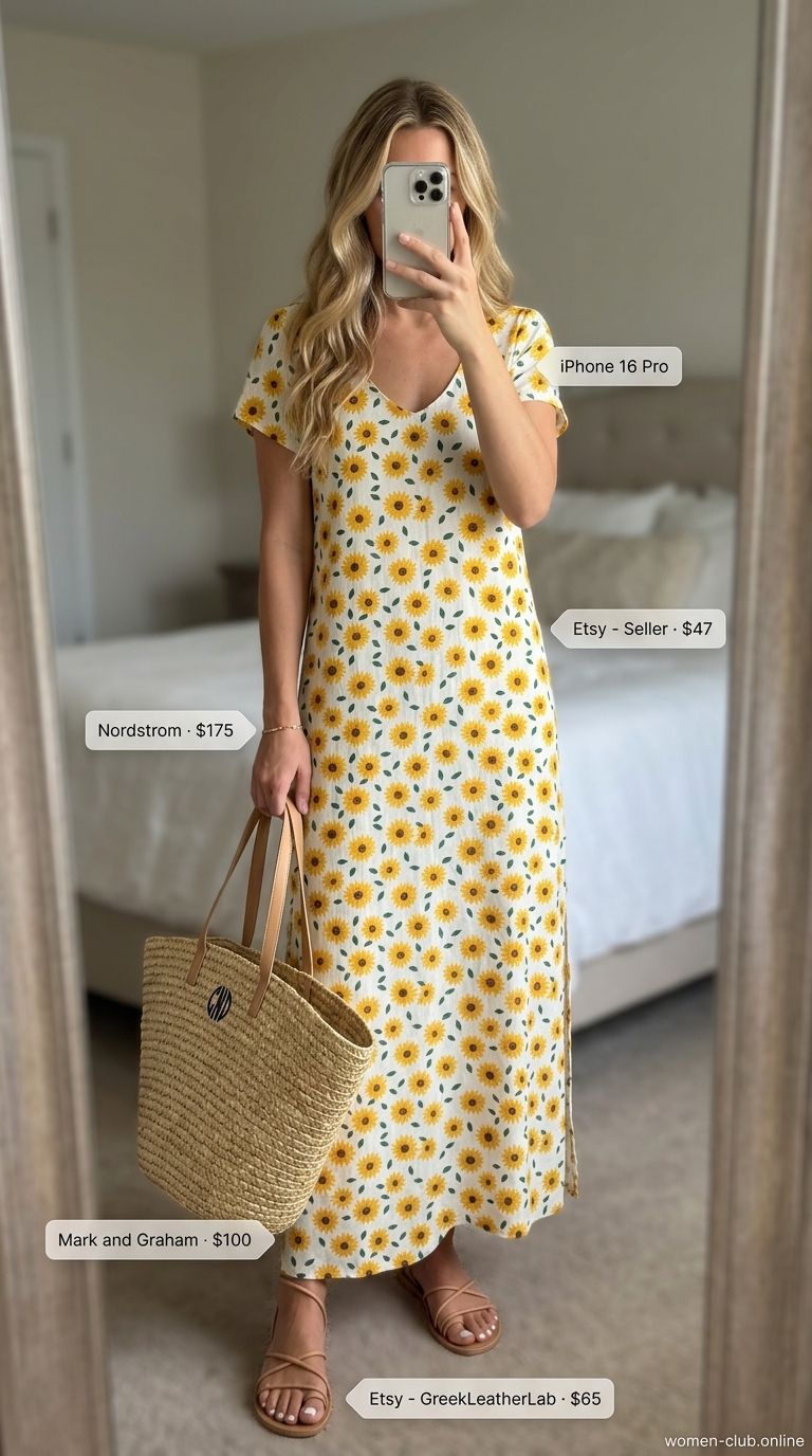 Sunflower maxi dress outfit 2026: Yellow print flowy maxi dress with straw tote and flat sandals for a bohemian look.