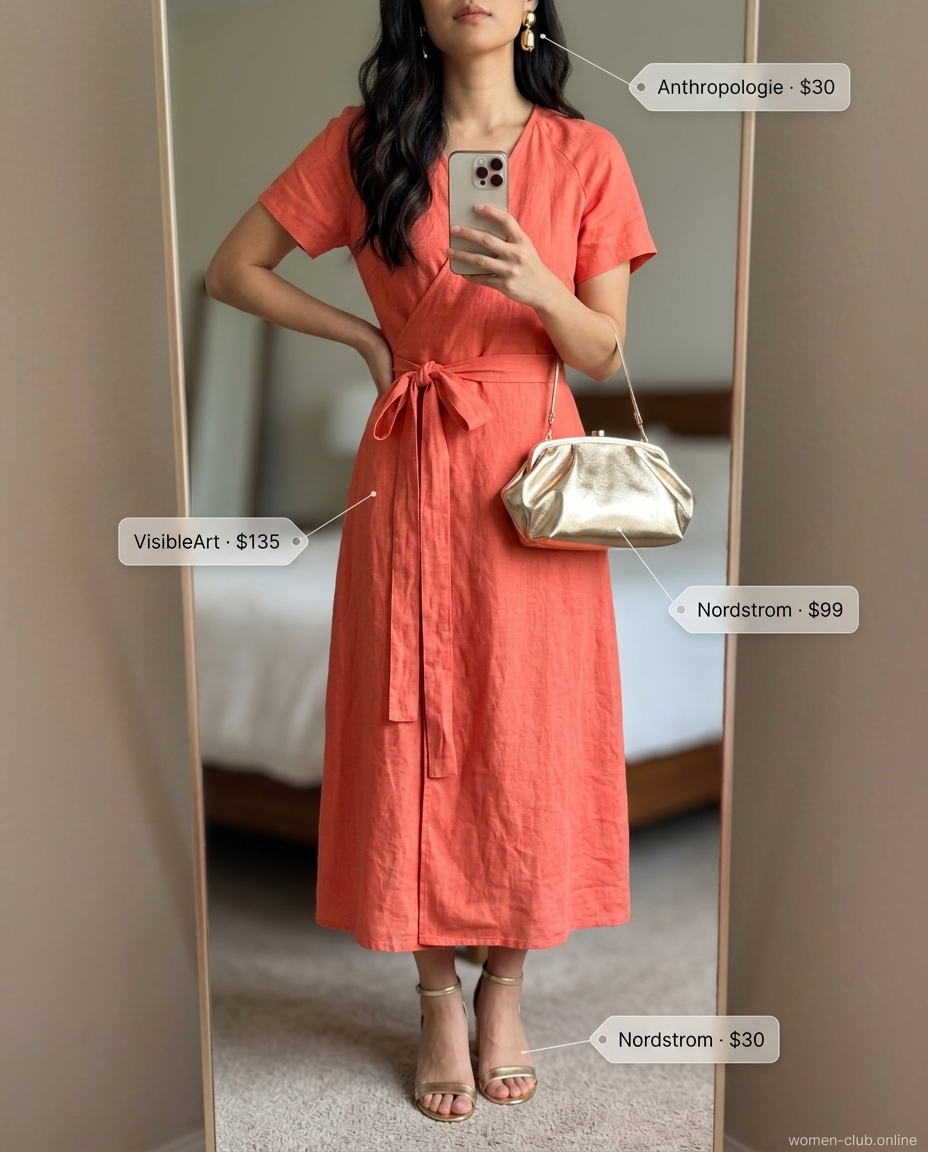 Sunset linen wrap dress outfit 2026: Coral linen wrap dress with metallic heels, gold earrings, and gold clutch.