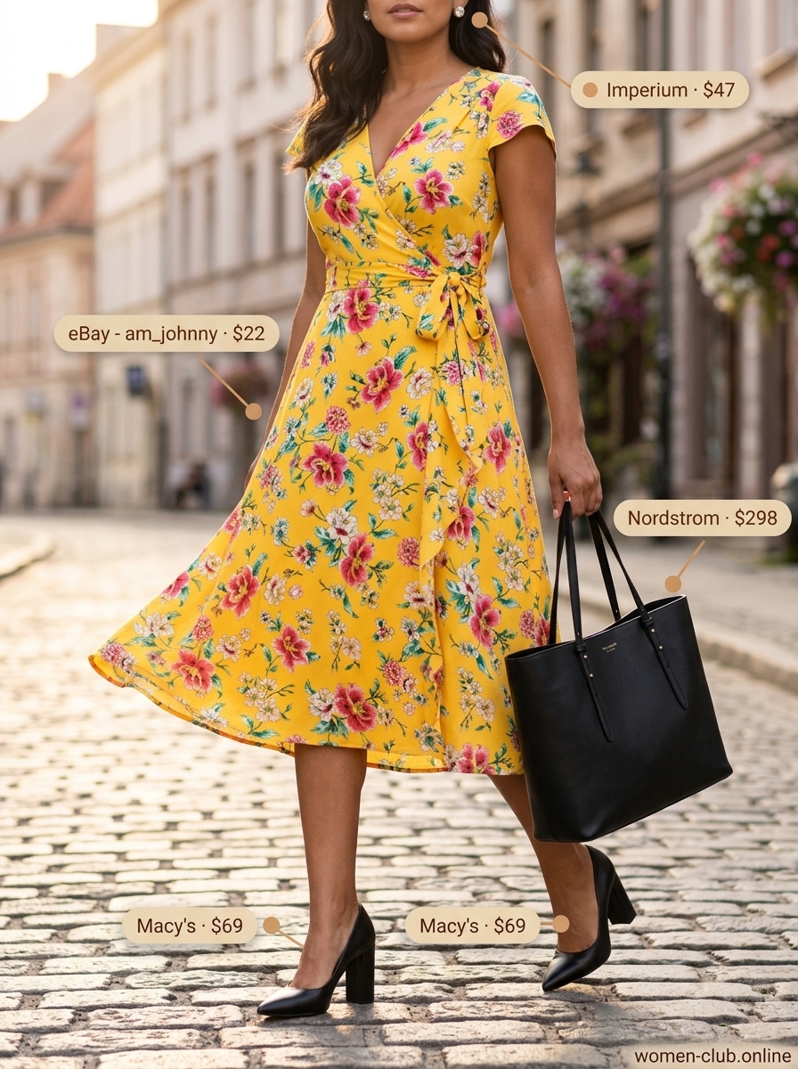 Vibrant multicolor floral belted dress for women 2026, paired with black heels and tote for lunch dates.