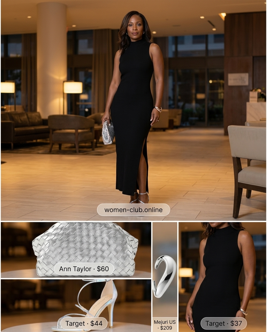 Sleek black knit maxi dress with silver accessories for a summer belted dress for women 2026 evening event.