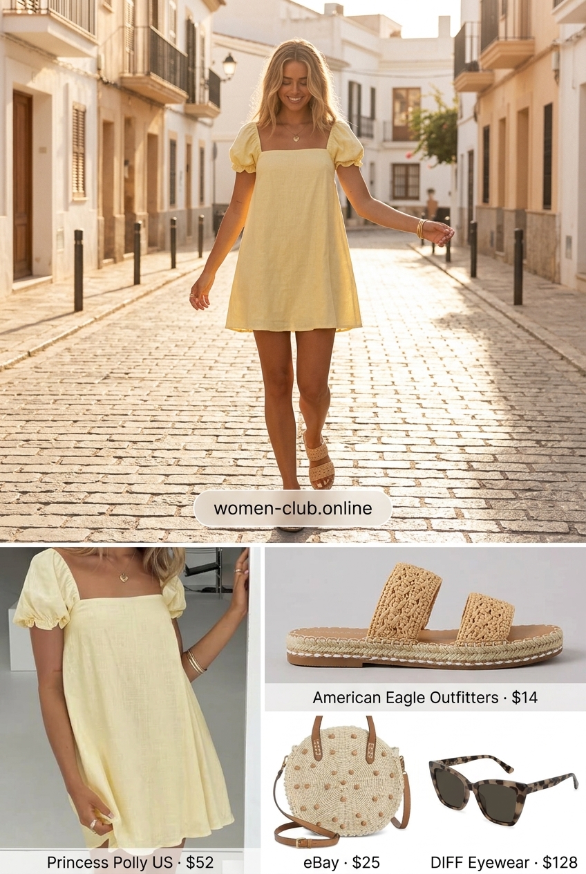 Sunny bright yellow linen mini dress with raffia sandals for a summer belted dress for women 2026 vacation.