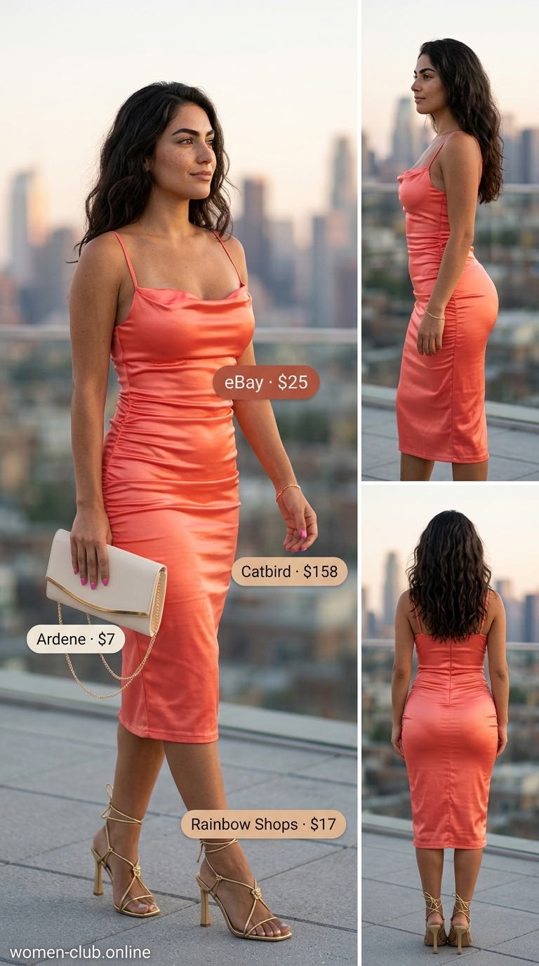 Glamorous coral satin slip dress with gold accessories for a summer belted dress for women 2026 cocktail party.