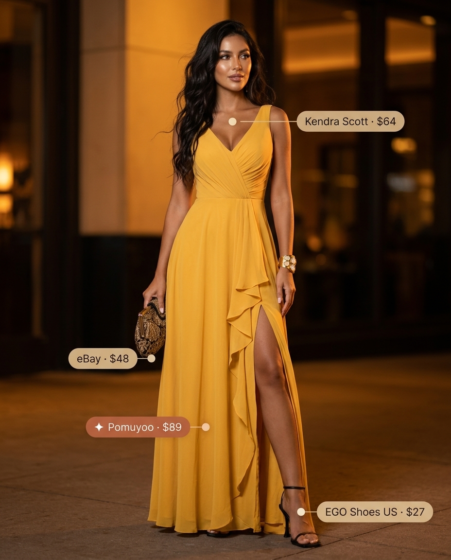 Glamorous mustard yellow flowy maxi dress with gold accessories for a summer belted dress for women 2026 date night.