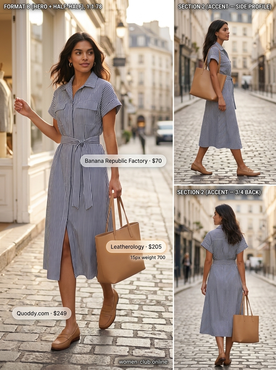 Classic navy and white stripe shirt dress with tan accessories for a summer belted dress for women 2026 smart casual look.
