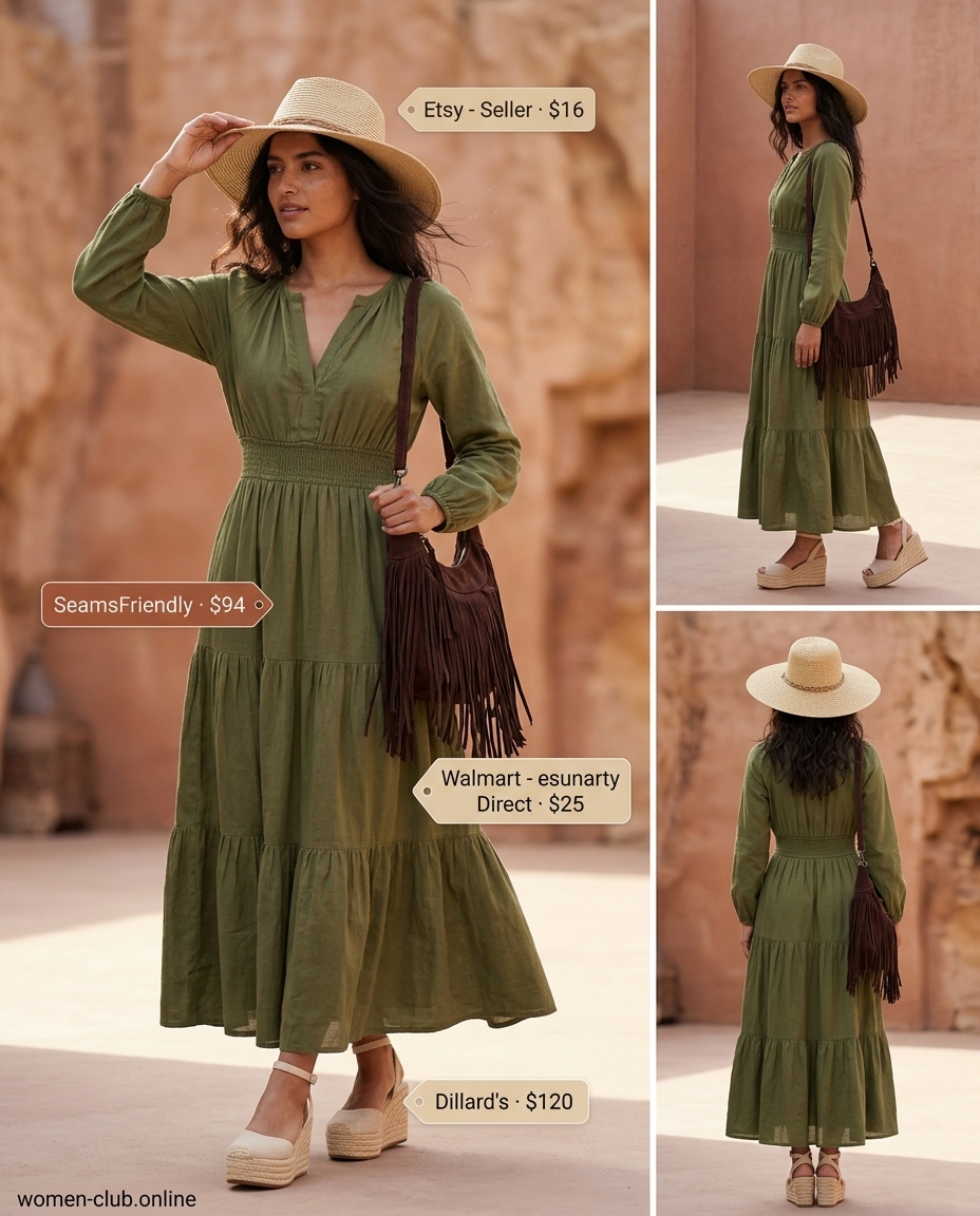 Boho olive green tiered maxi dress with natural accessories for a summer belted dress for women 2026 casual weekend.