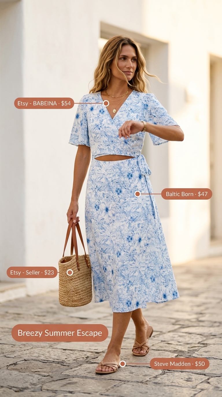 Breezy sky blue floral midi wrap dress with tan sandals for a summer belted dress for women 2026 beach lunch.