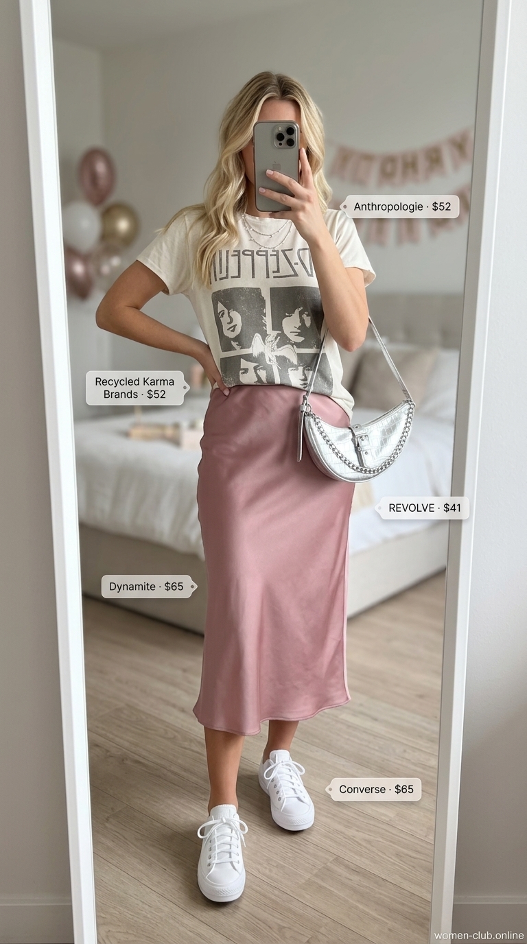Birthday Brunch Outfit 2026: Blush Skirt Style Chic blush pink satin midi skirt outfit for a summer birthday party 2026. Casual celebration style.