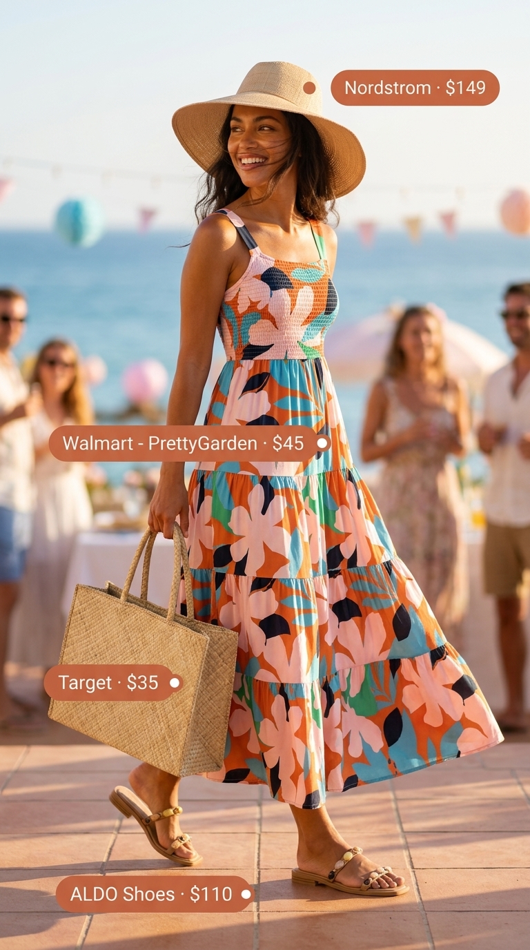 Boho Beach Birthday Outfit 2026: Floral Maxi Boho beach birthday outfit 2026: floral maxi dress and straw hat. Festive resort wear.
