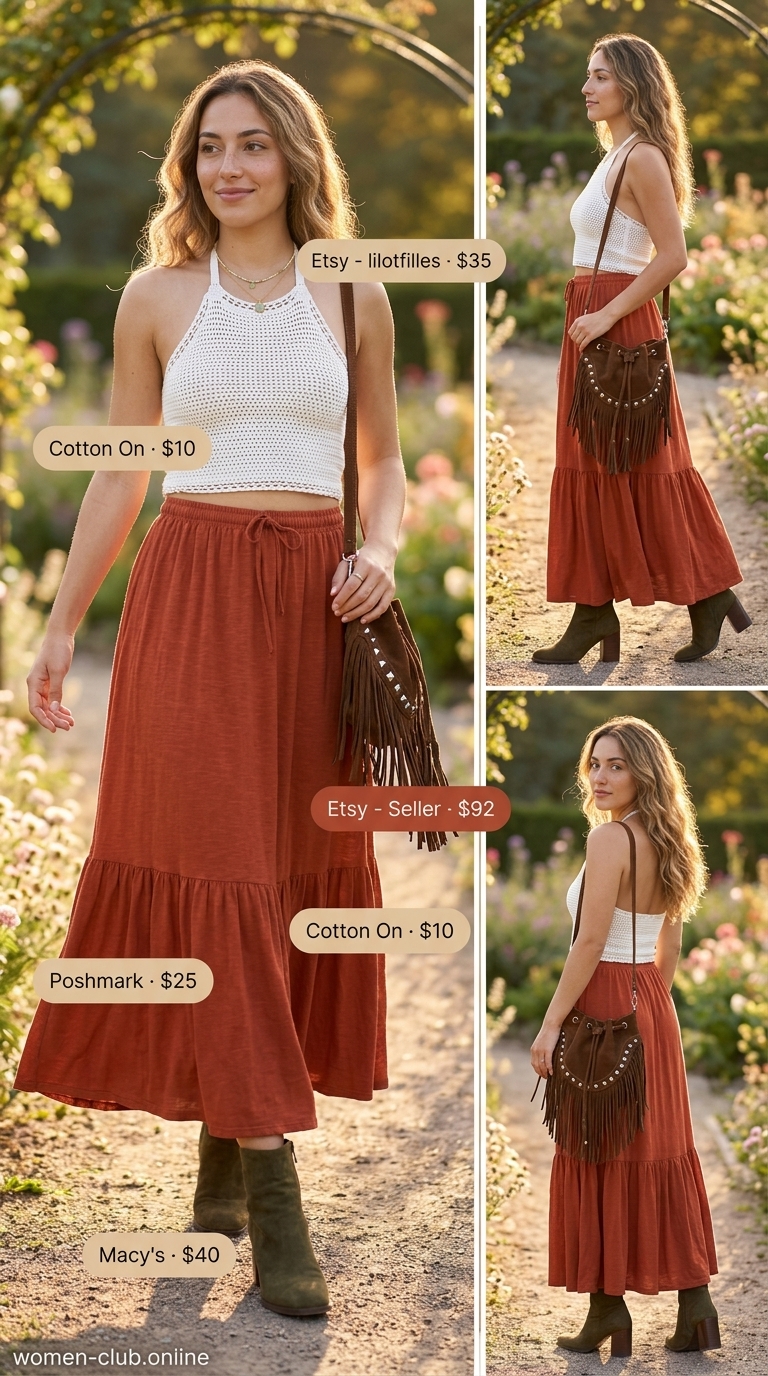 Boho Birthday Party Outfit 2026: Terracotta Skirt Bohemian terracotta maxi skirt outfit for a summer birthday 2026 party. Earthy casual style.