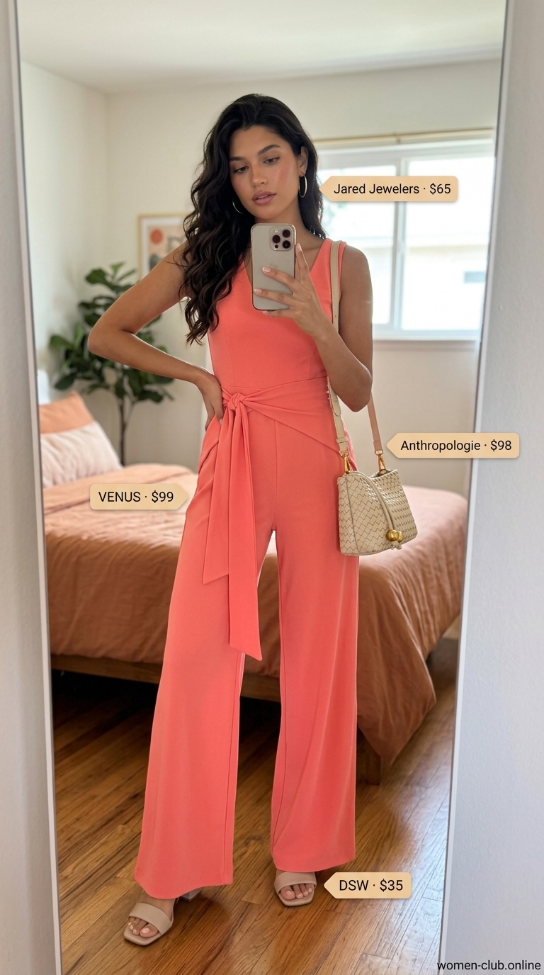 Vibrant Birthday Jumpsuit 2026 Vibrant birthday jumpsuit outfit for women 2026: Coral halter neck jumpsuit with block heel sandals and gold hoop earrings.