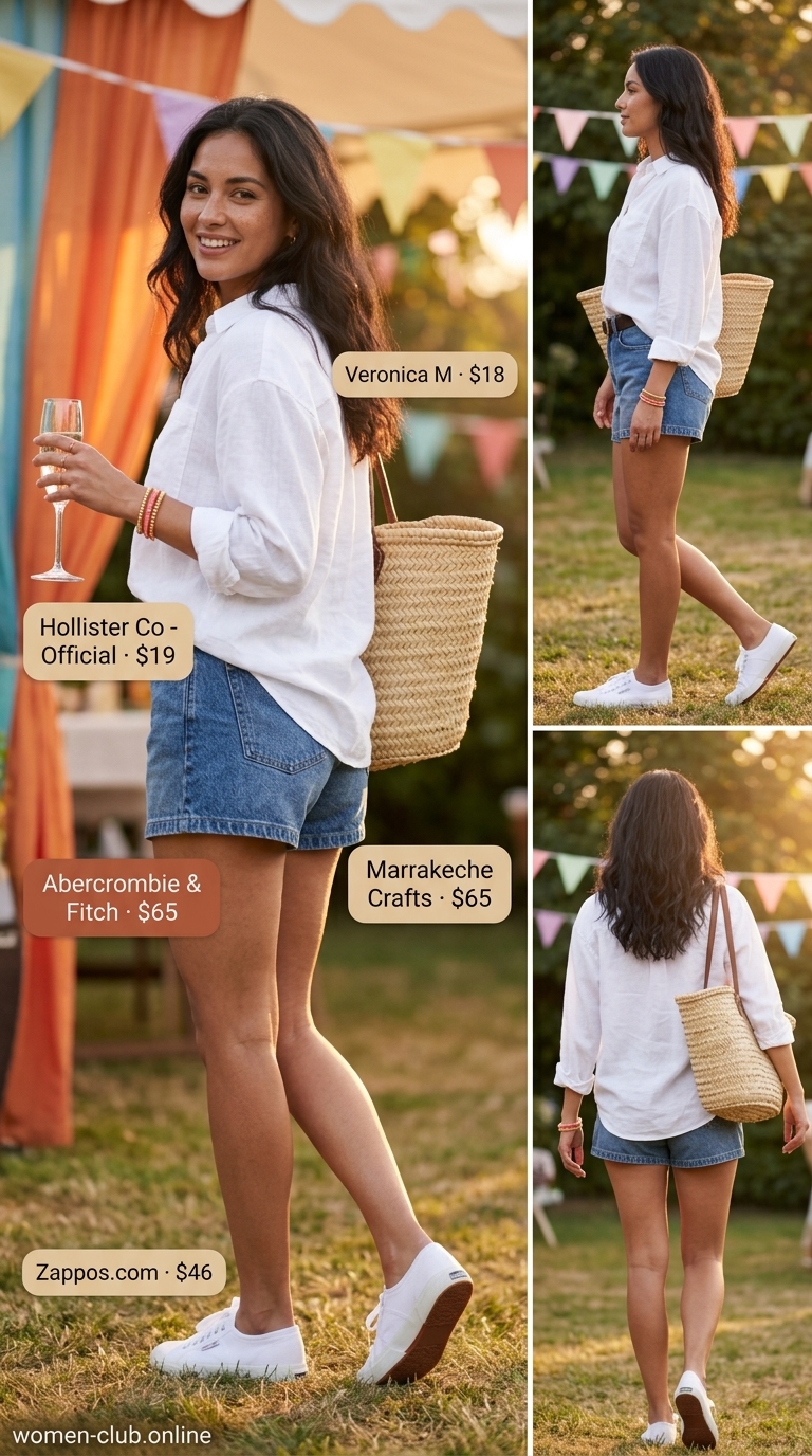 Casual Chic Birthday Brunch 2026 Casual chic birthday brunch outfit for women 2026: High-waisted denim shorts, oversized linen shirt, and straw tote.