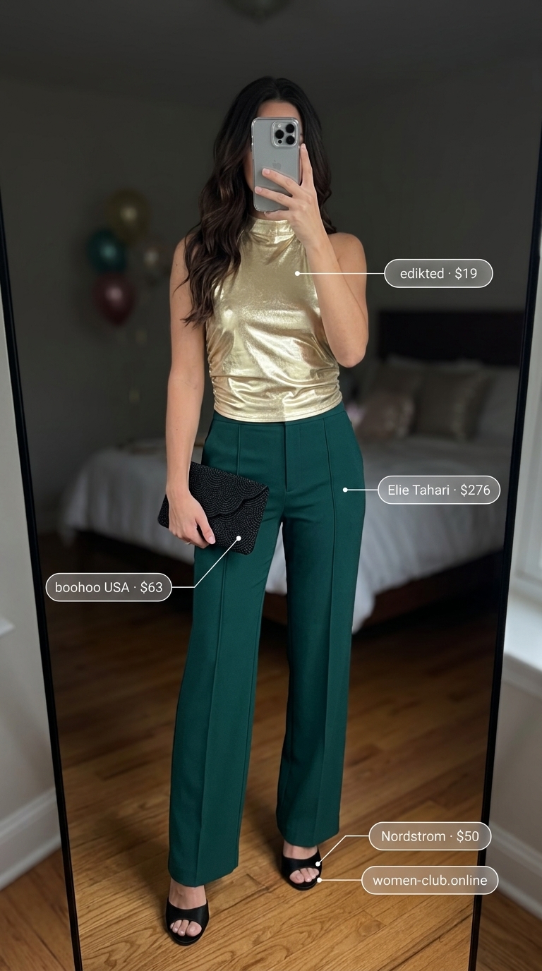 Elegant Evening Birthday Outfit 2026 Elevated evening birthday outfit for women 2026: Emerald green metallic top, wide-leg trousers, and gold statement earrings.