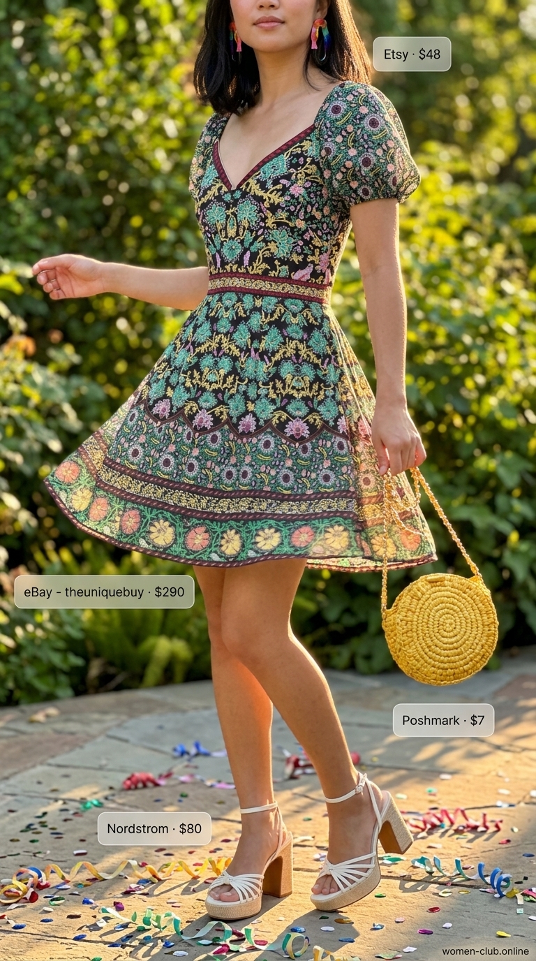 Festive birthday fiesta outfit for women 2026: Multi-color floral mini dress with puff sleeves and platform sandals.
