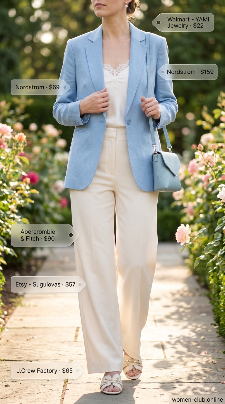 Garden Party Birthday Outfit 2026: Linen Set Elegant cream and soft blue linen outfit for a summer birthday garden party 2026. Polished daytime look.