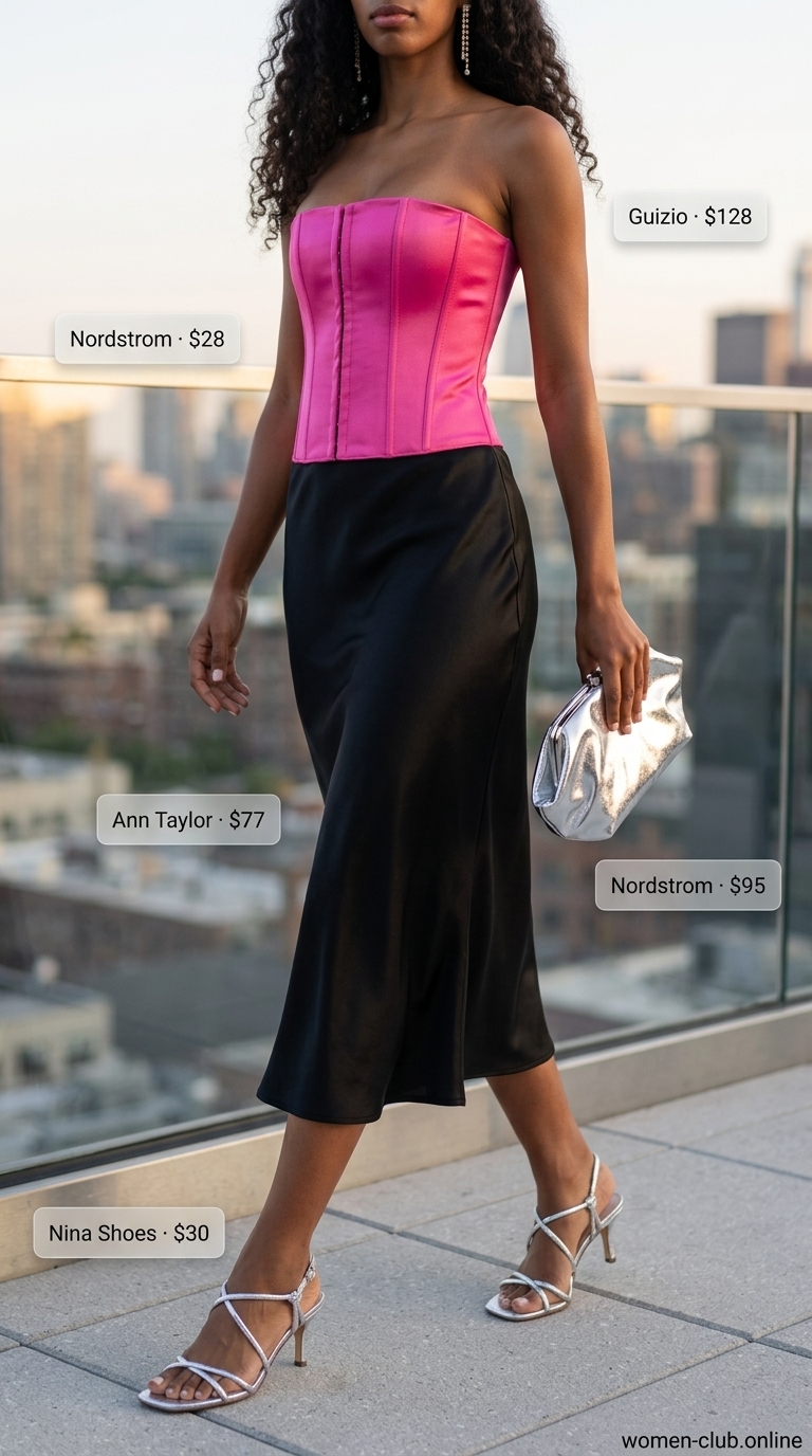 Evening Birthday Party Outfit 2026: Hot Pink Top Glamorous hot pink corset top and black satin skirt for a summer birthday party 2026. Sophisticated evening look.