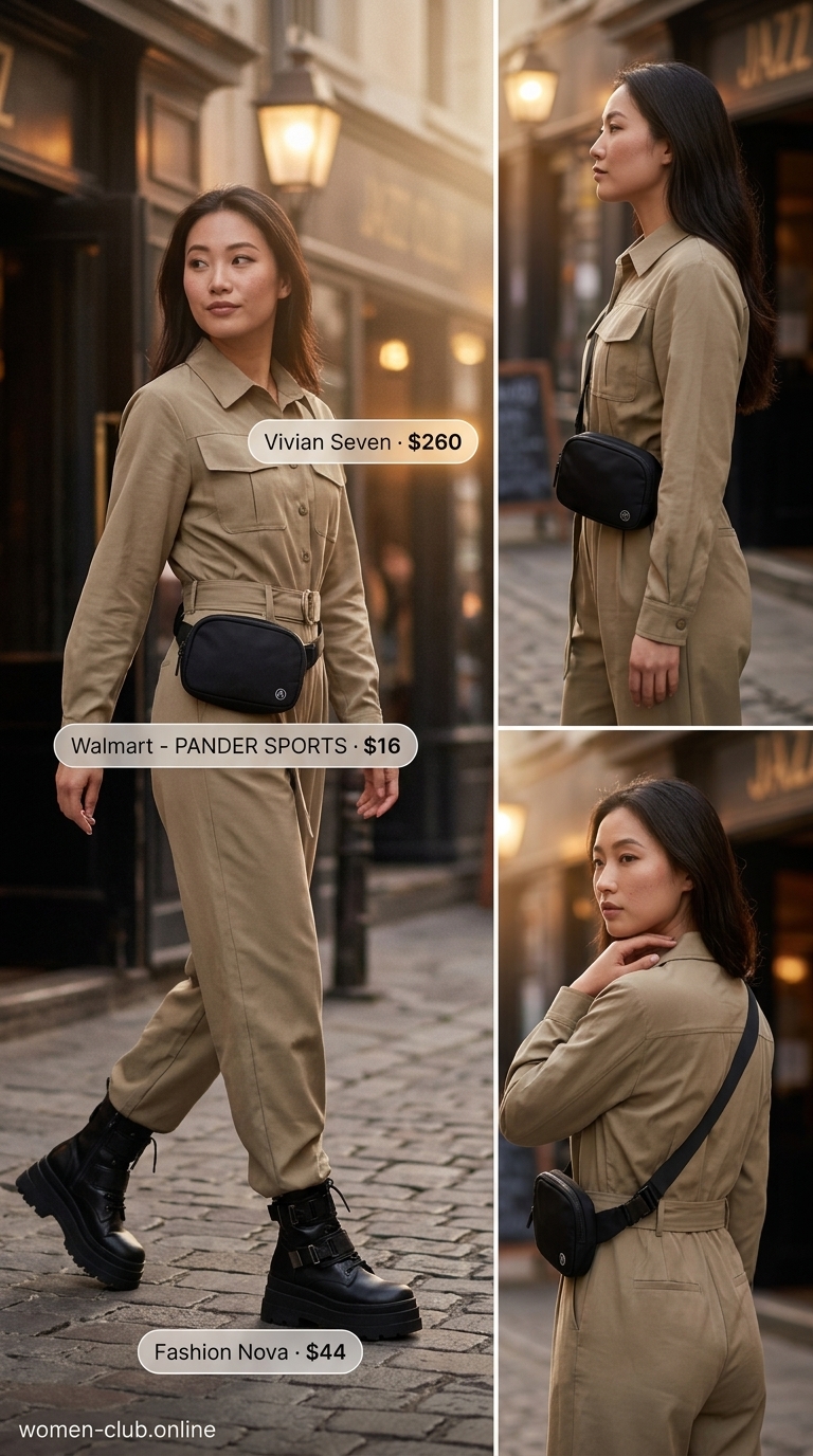 City Explorer Birthday Jumpsuit 2026 City birthday explorer outfit for women 2026: Khaki utility jumpsuit with combat boots and crossbody bag.