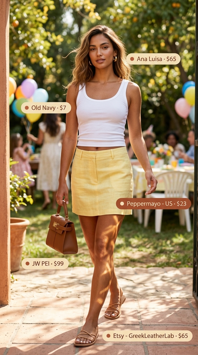 Garden Party Birthday Skirt Outfit 2026 Golden hour garden party birthday outfit for women 2026: Lemon yellow A-line skirt, ribbed tank, and leather sandals.