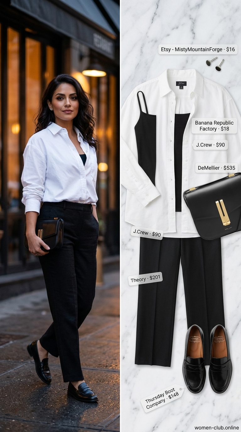 Minimalist Birthday Dinner Outfit 2026: Black & White Modern minimalist black and white outfit for a summer birthday dinner 2026. Chic evening look.