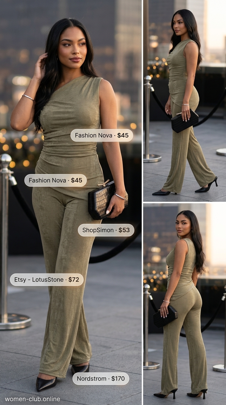 Modern Minimalist Birthday Set 2026 Modern minimalist birthday outfit for women 2026: Olive green matching set with wide-leg pants and cropped tank.