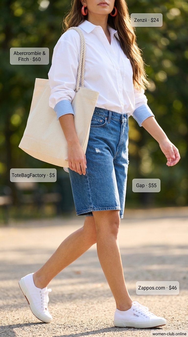 Casual Picnic Birthday Outfit 2026 Casual birthday picnic outfit for women 2026: Denim shorts, oversized white shirt, and canvas sneakers.