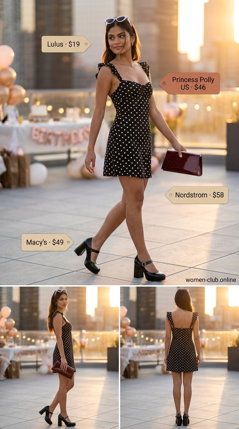 Retro Birthday Party Dress 2026: Polka Dots Retro glam black and white polka dot dress for a summer birthday party 2026. Playful evening look.