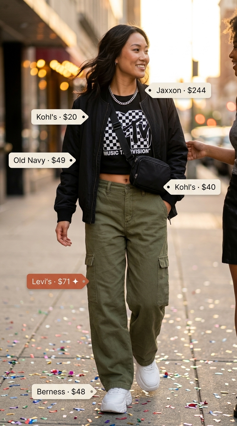 Urban Explorer Birthday Outfit 2026 Urban Explorer birthday outfit for women 2026: Olive green cargo pants, black bomber jacket, graphic tee, and chunky sneakers.