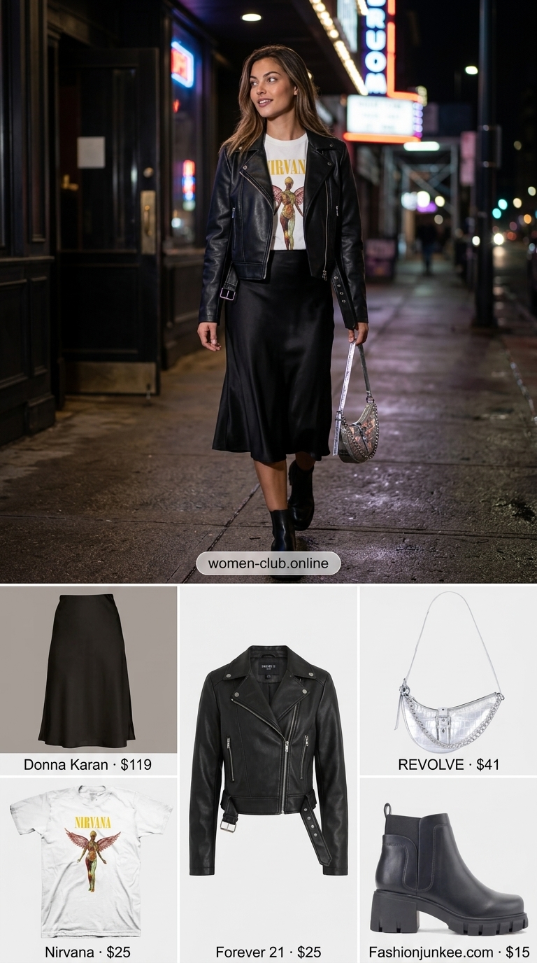 Edgy Night Out: Summer Birthday Outfit for Women 2026 Edgy black moto jacket and slip skirt for a birthday night out summer birthday outfit for women 2026.