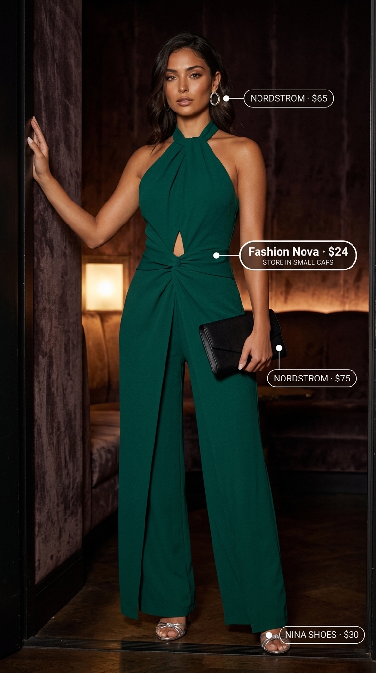 Sunset Soiree Style: Summer Birthday Outfit for Women 2026 Emerald green wide-leg jumpsuit for an evening birthday party summer birthday outfit for women 2026.