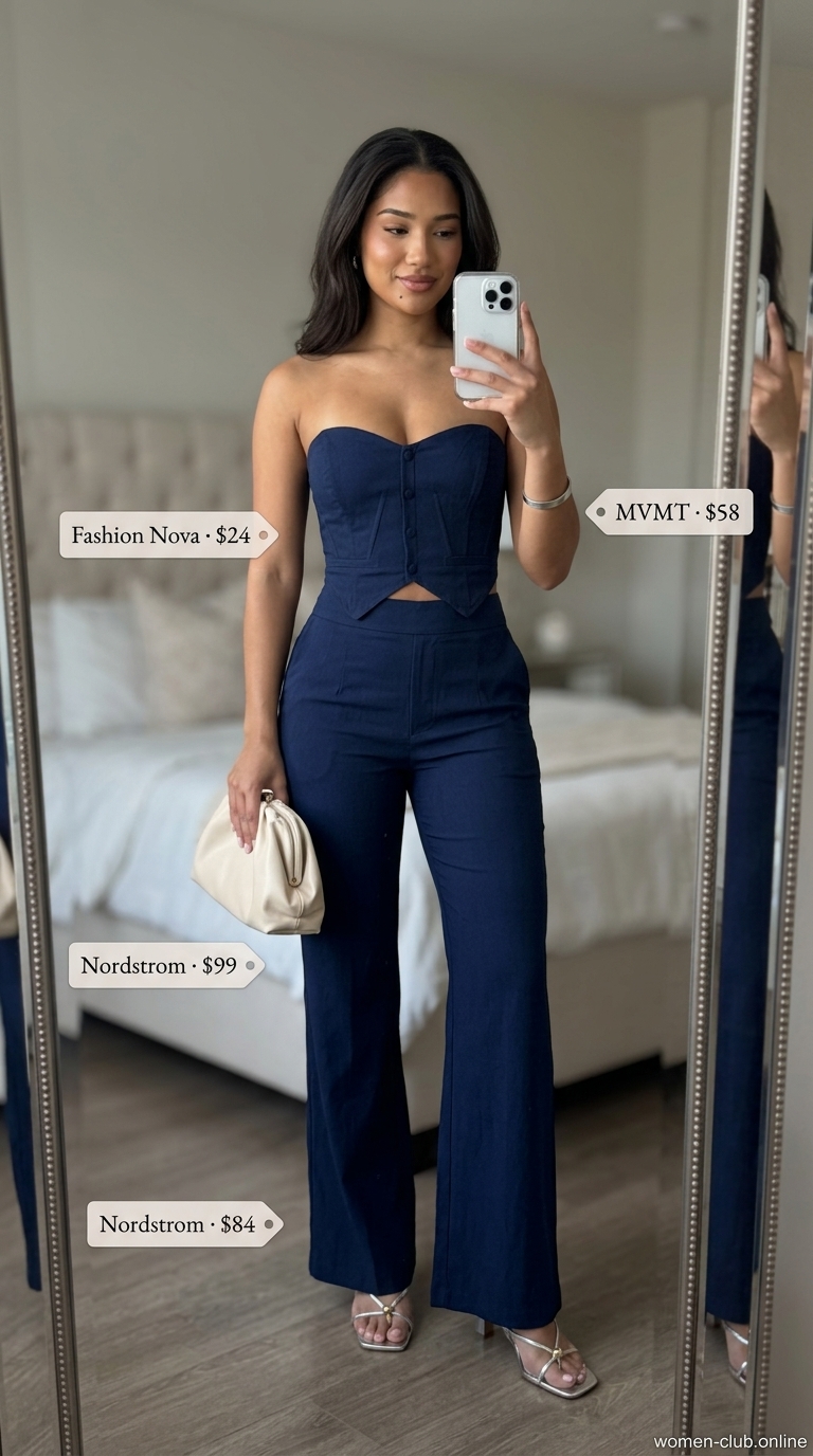 Evening Chic: Summer Birthday Outfit for Women 2026 Navy blue matching set for an evening birthday party summer birthday outfit for women 2026.