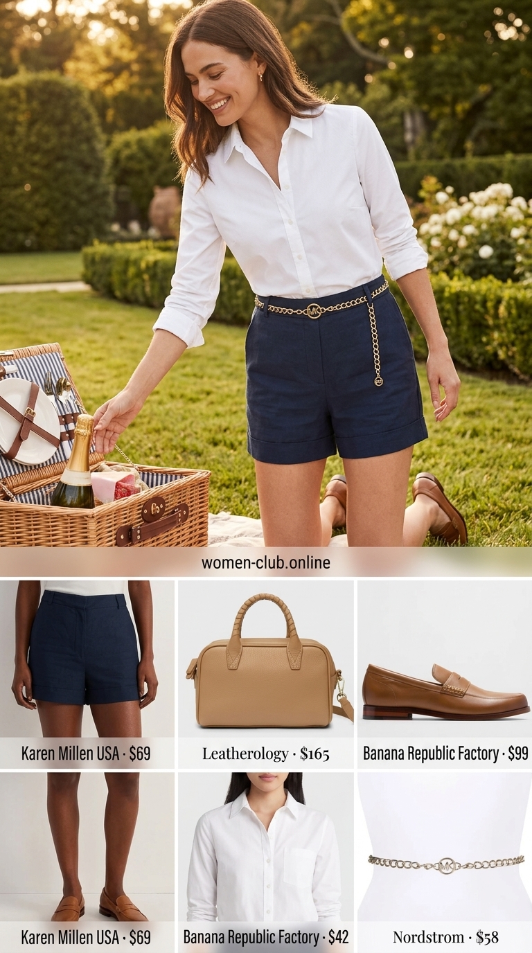 Preppy Picnic Style: Summer Birthday Outfit for Women 2026 Navy blue linen shorts and striped shirt for a preppy summer birthday outfit for women 2026 picnic.
