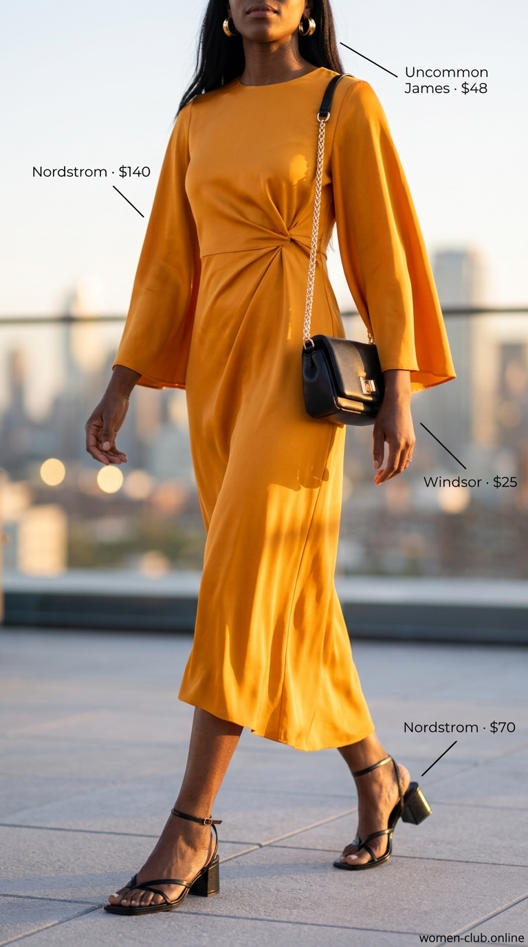 Rooftop Golden Hour: Summer Birthday Outfit for Women 2026 Mango orange midi wrap dress with gold earrings for a summer birthday outfit for women 2026 rooftop dinner.
