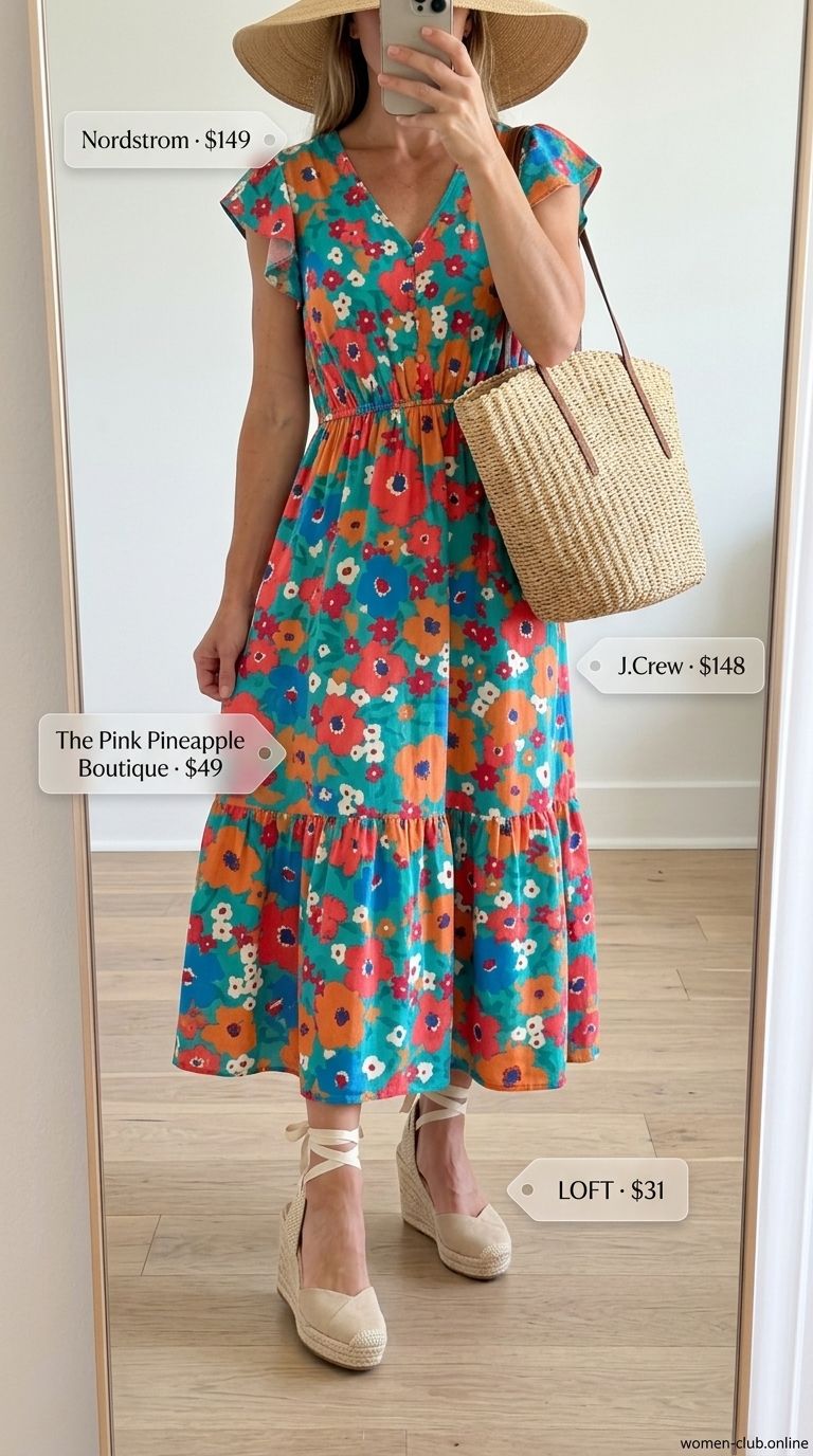 Sundress Celebration: Summer Birthday Outfit for Women 2026 Coral floral midi sundress with straw hat for a summer birthday outfit for women 2026.