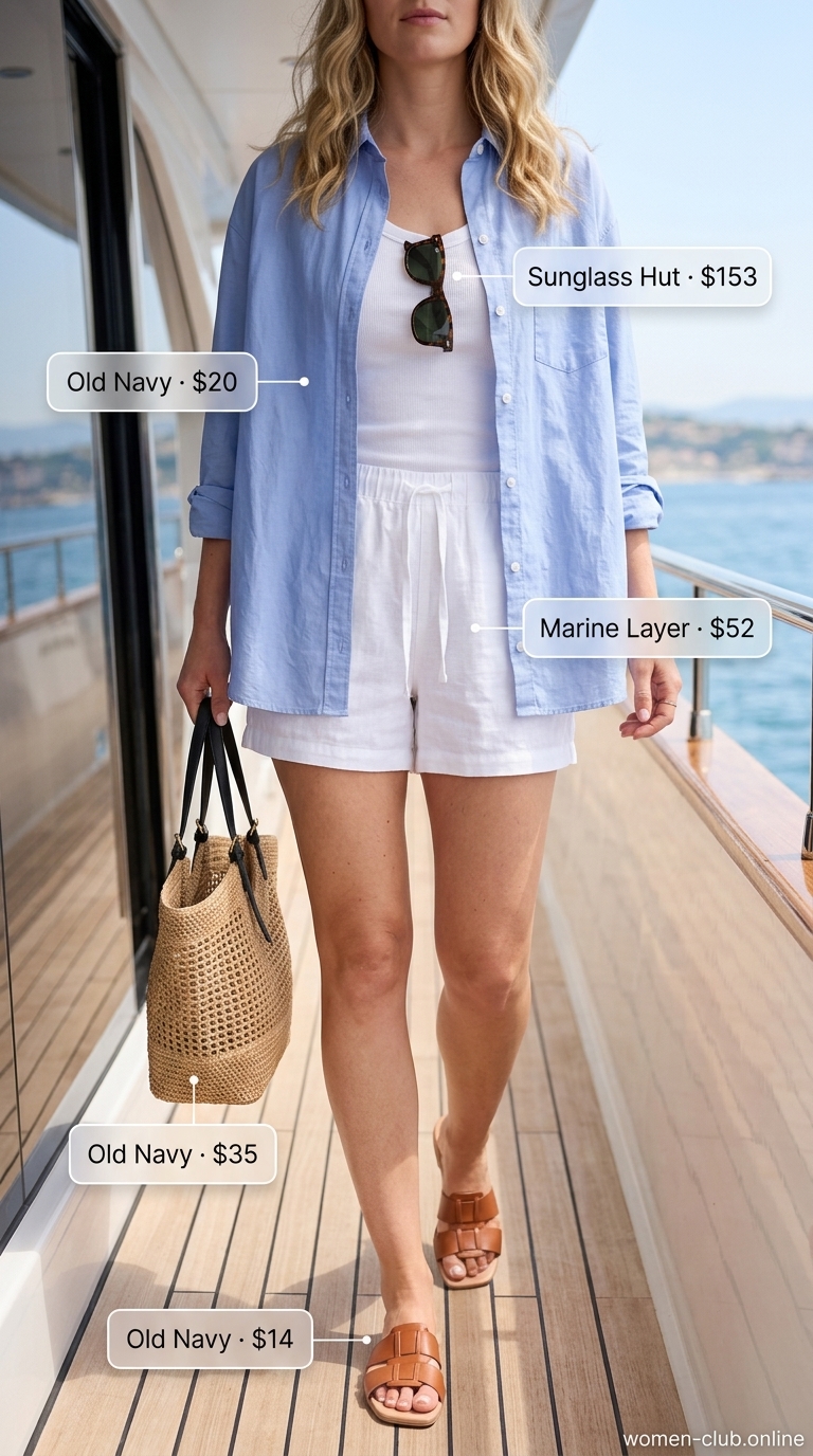 Summer Boat Day Outfits for Women 2026: Coastal Brunch Summer boat day outfits for women 2026: White linen shorts, sky blue oversized shirt, tan slides, and straw tote for a coastal brunch.