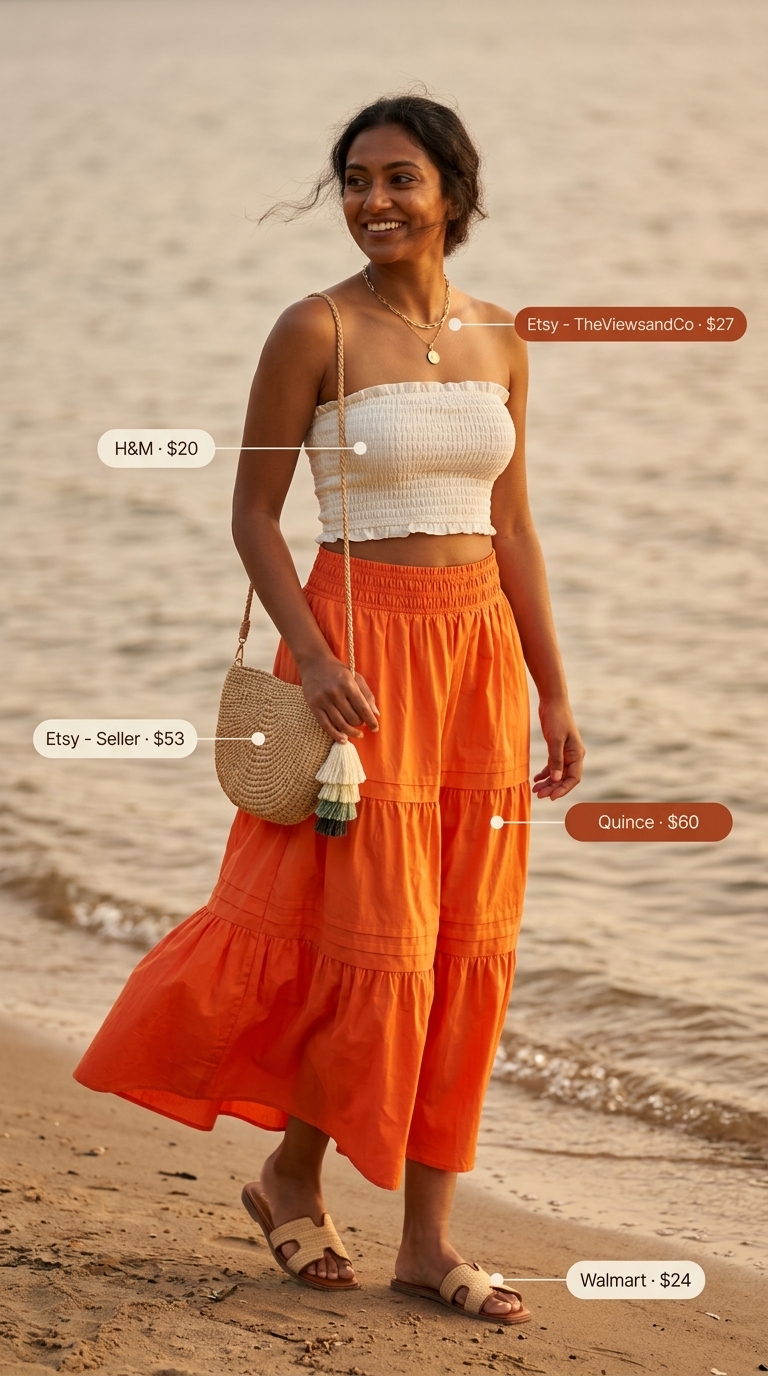 Summer Boat Day Outfits for Women 2026: Beach Bonfire Earthy summer boat day outfits for women 2026: Terracotta skirt, cream tube top, and raffia sandals.