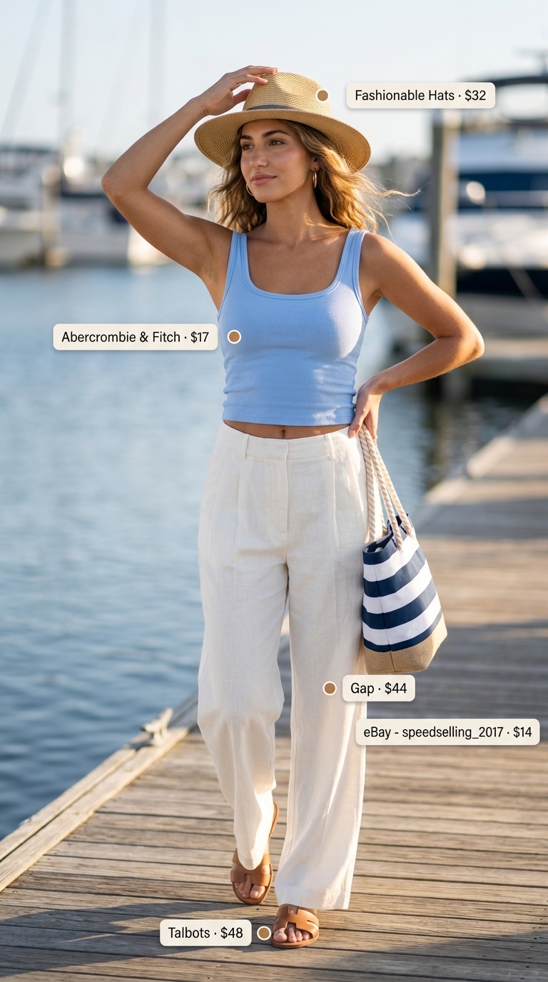 Summer Boat Day Outfits for Women 2026: Coastal Breeze Summer boat day outfits for women 2026: Ivory wide-leg pants, navy stripe tote, sky blue tank, and tan slides for a breezy coastal look.