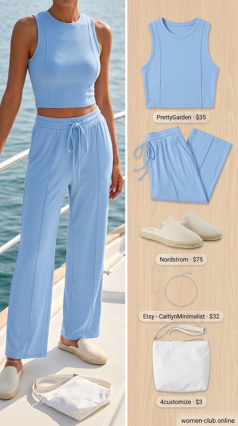 Summer Boat Day Outfits for Women 2026: Deckside Cozy Effortless summer boat day outfits for women 2026: Sky blue knit set with wide-leg pants and espadrilles.