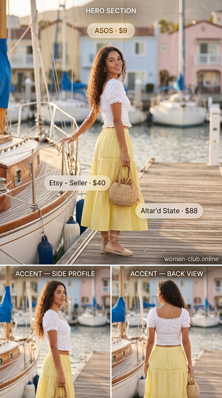 Summer Boat Day Outfits for Women 2026: Dockside Sweetness Summer boat day outfits for women 2026: Pastel yellow skirt, white eyelet top, straw bucket bag, and espadrilles for a dockside event.