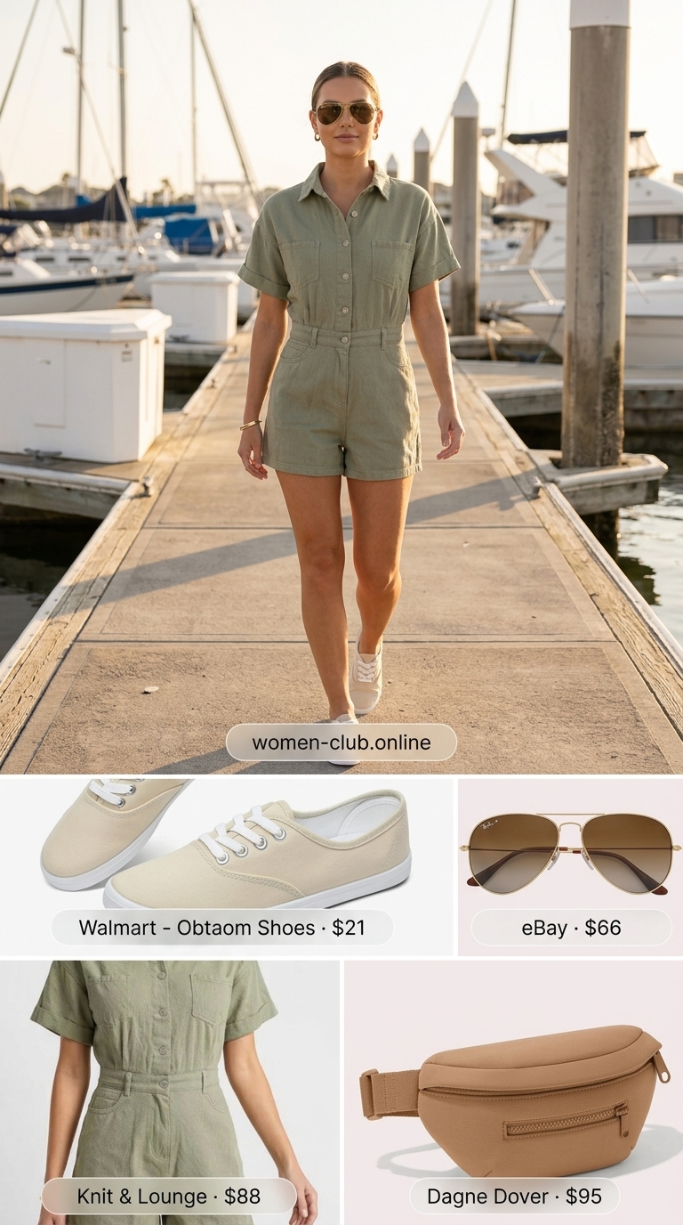 Summer Boat Day Outfits for Women 2026: Harbor Chic Summer boat day outfits for women 2026: Khaki utility romper, crossbody bag, aviators, and canvas sneakers for harbor exploration.