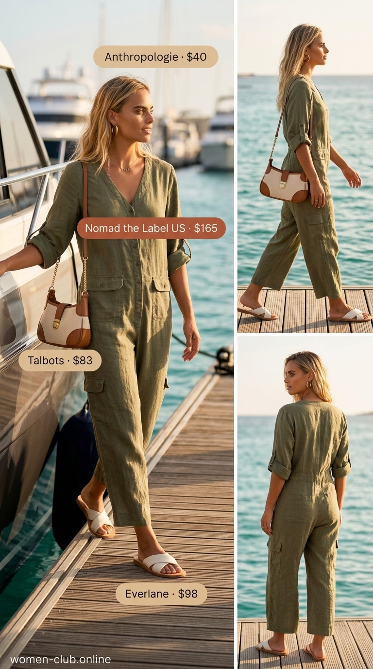 Summer Boat Day Outfits for Women 2026: Island Explorer Adventurous summer boat day outfits for women 2026: Olive green utility jumpsuit, straw fedora, and leather slides.