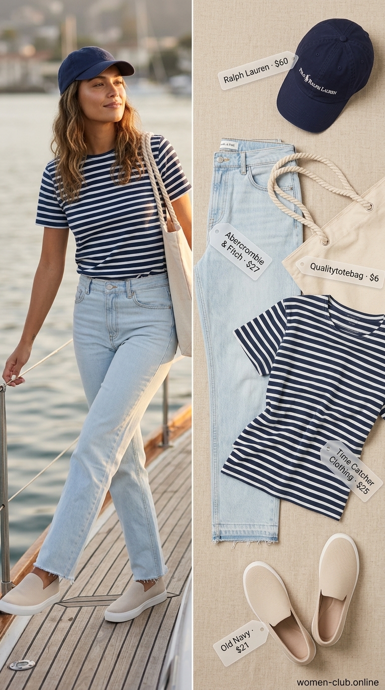 Summer Boat Day Outfits for Women 2026: Lakeside Casual Casual summer boat day outfits for women 2026: Light wash jeans, navy stripe tee, canvas tote, and cap for a relaxed lake cruise.