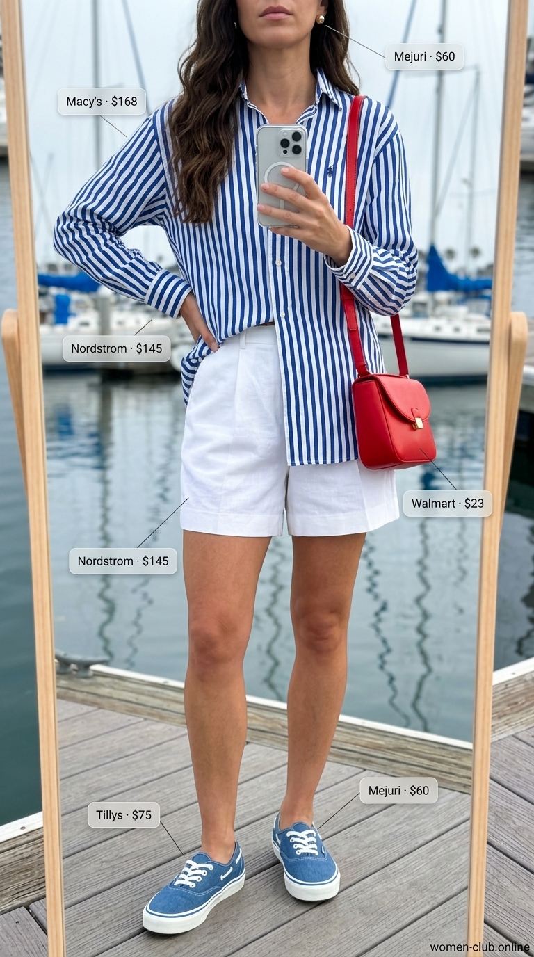 Summer Boat Day Outfits for Women 2026: Marina Chic Crisp summer boat day outfits for women 2026: Royal blue striped shirt, white tailored shorts, and navy boat shoes.