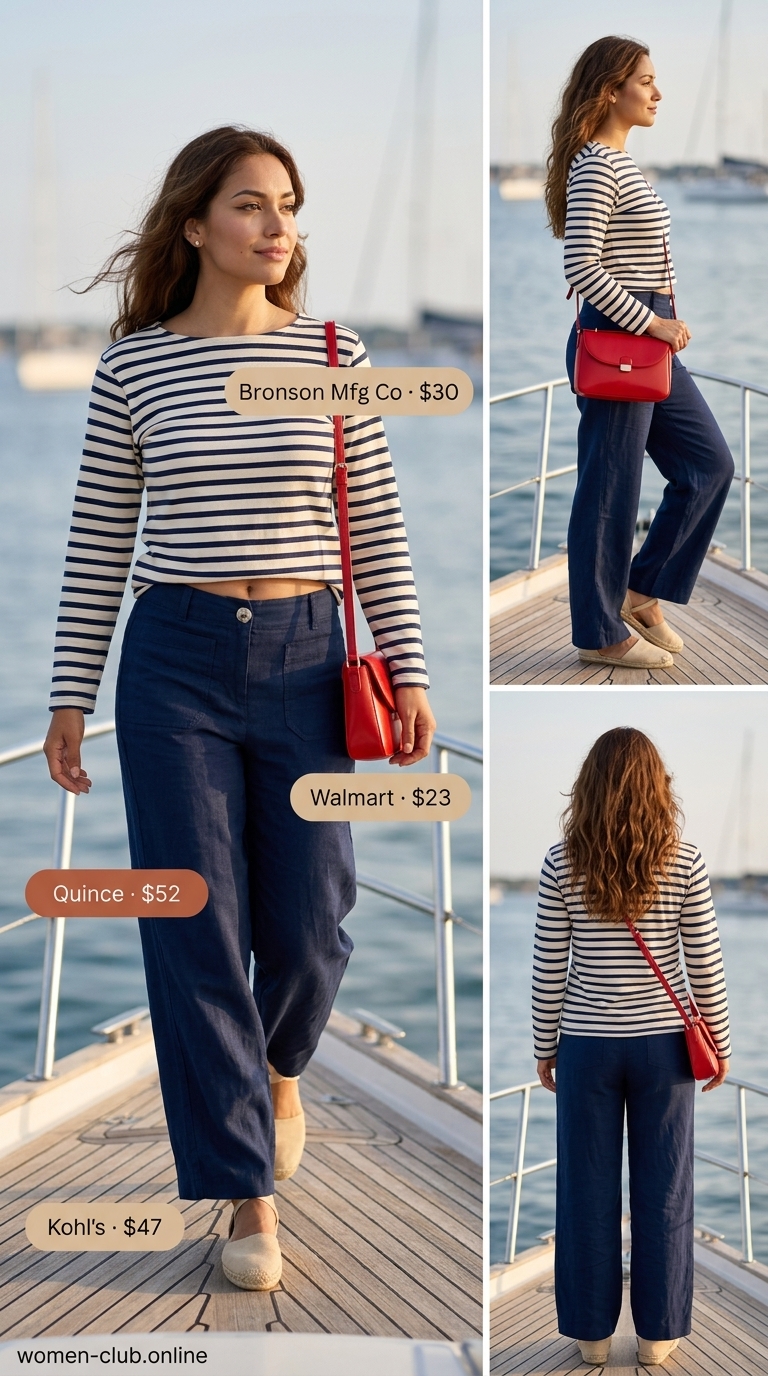 Summer Boat Day Outfits for Women 2026: Nautical Lunch Summer boat day outfits for women 2026: Navy linen pants, Breton stripe tee, espadrilles, and crossbody bag for a yacht club lunch.